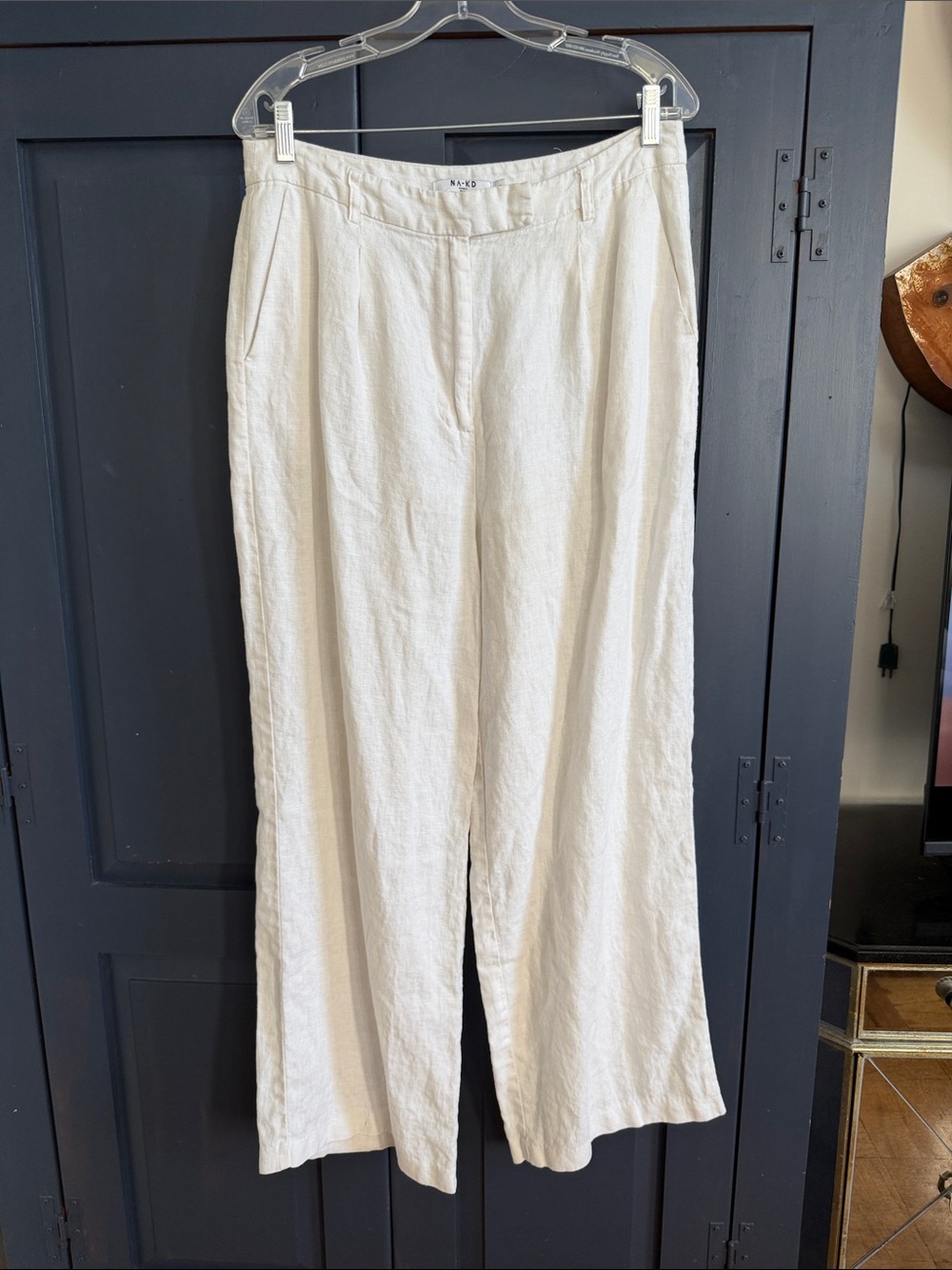 NA-KD Cream Wide Leg Linen-Blend Pants